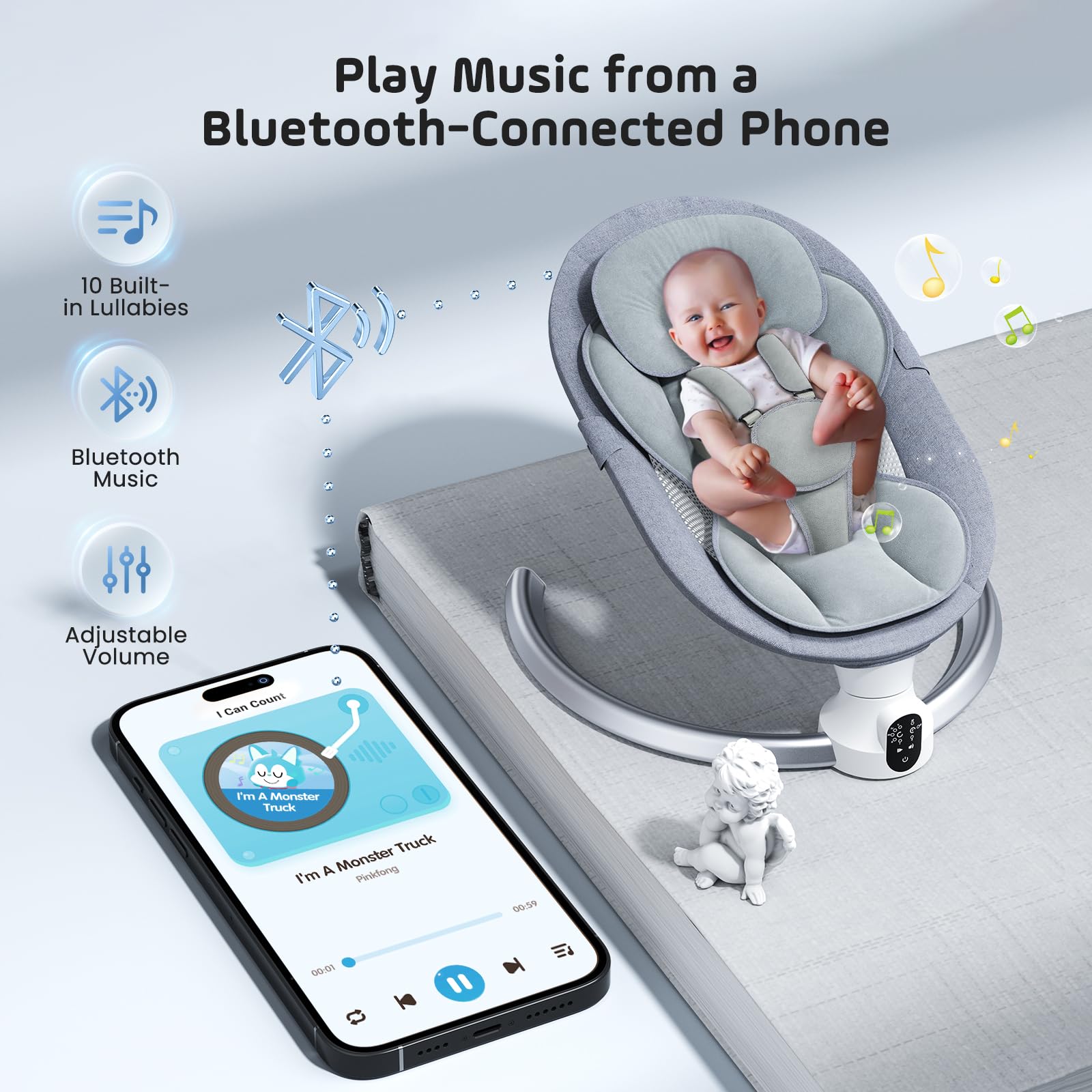 Columpio eléctrico para bebé con aplicación y control remoto, 5 ángulos de giro y 3 ajustes de temporizador, Bluetooth, columpio portátil para recién nacido con alimentación USB, hamaca ergonómica