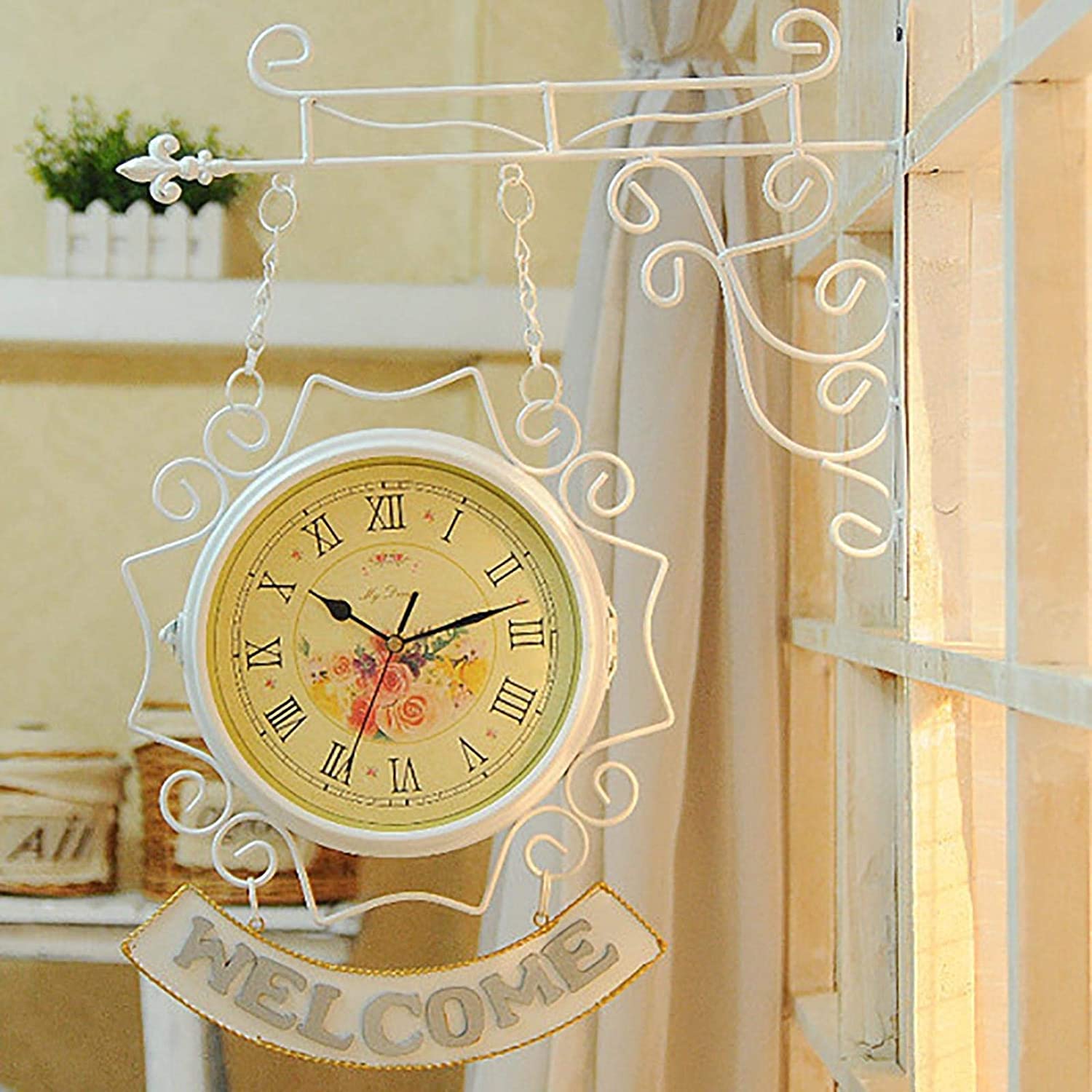 XJBTBA Orologio da Esterno Impermeabile Orologi da Giardino, Orologio da Parete per Esterno bifacciale da 10 Pollici Orologi da Esterno retrò Orologi da Esterno silenziosi a Batteria Bianco