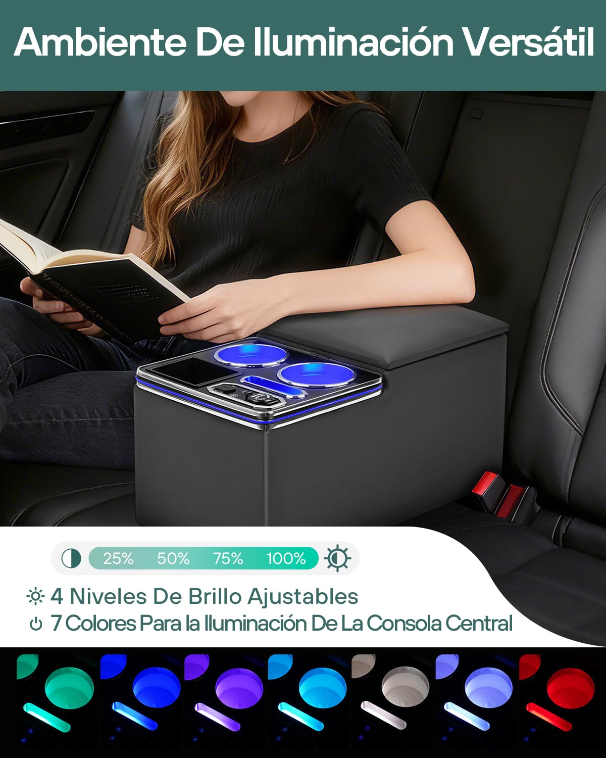Consola Central Coche Universal con Compartimentos de Almacenamiento, Carga Inalámbrica y Luces LED de 7 Colores, para Van, SUV, Camión, Autobús y Coches de más de 4.7 m