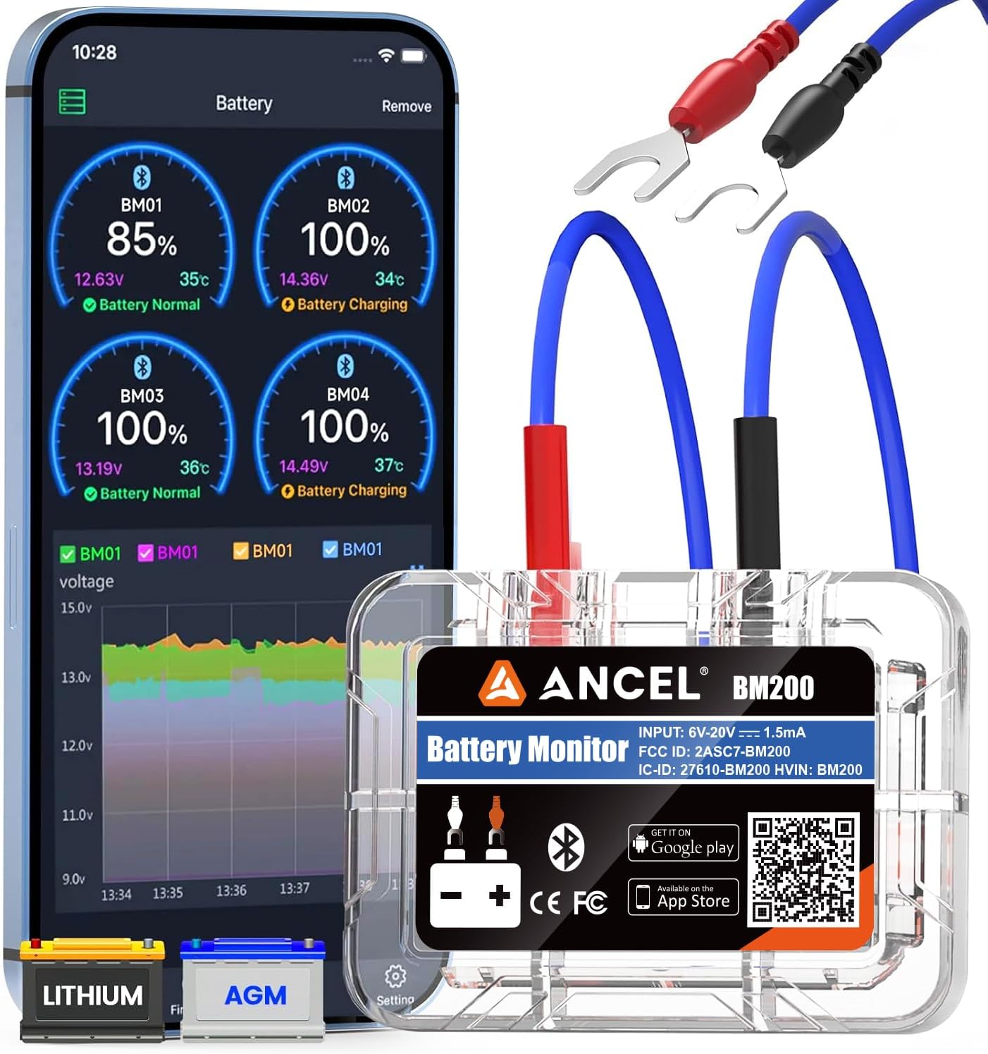 ANCEL BM200 Blue-US Battery Monitor 12V Automotive Bluetooth Auto Battery Load Tester with Cranking Charging Test Alarm Record Voltage History Voltmeter for Car (Blue Version)