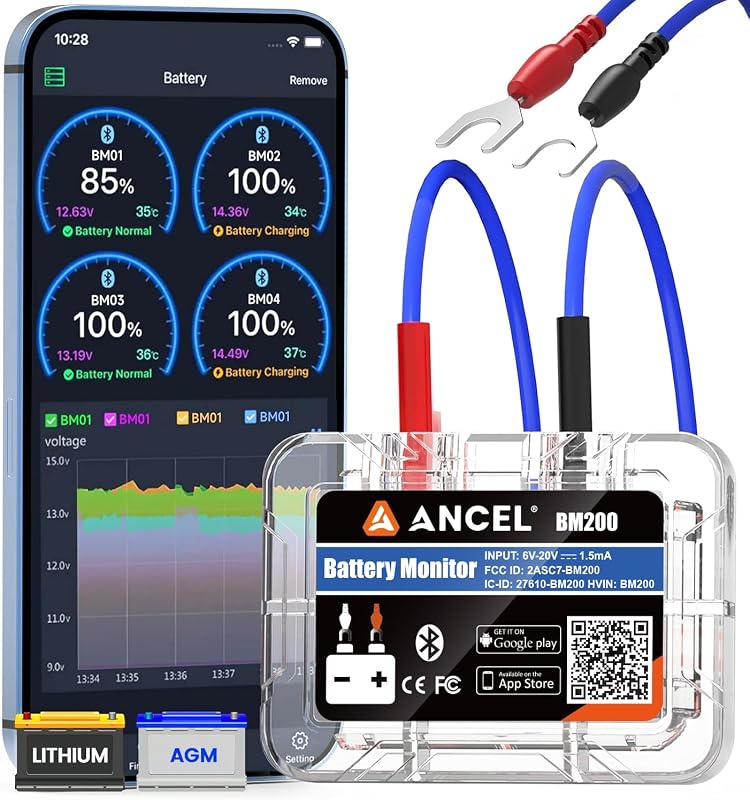ANCEL BM200 Blue-US Monitor de batería 12V Bluetooth automotriz | Probador automático de carga de batería con prueba de carga de arranque, registro de alarma, voltímetro de historial de voltaje para automóvil (versión azul)