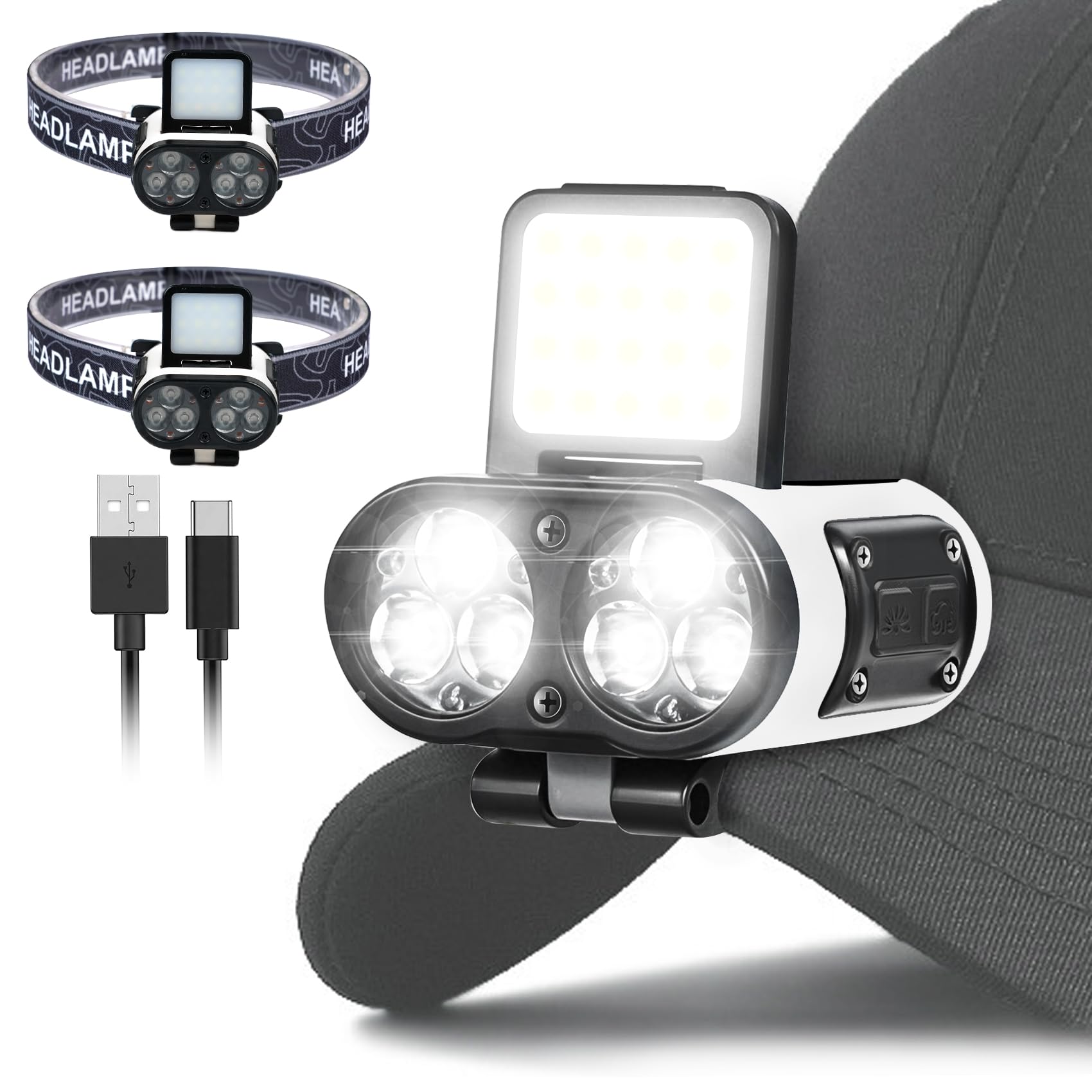 Luz LED para casco, 2 piezas de 800 lúmenes regulables con clip, linterna frontal recargable, 180° ajustable, manos libres, linterna frontal impermeable para senderismo, correr, pesca, ciclismo