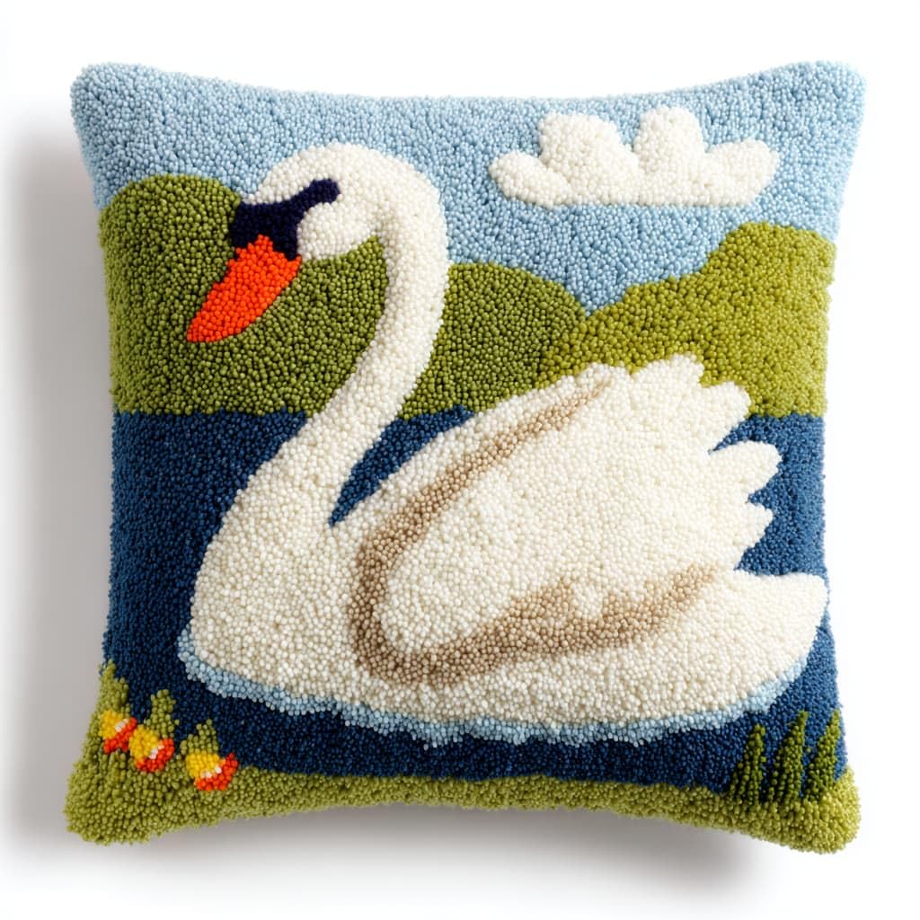 Taxpy DIY Rug Pillow Cover Latch Hook Cushion Kits, White Swan Needlework Pillow Cover Sofa Cushion Rug Making Kits,17x17inch