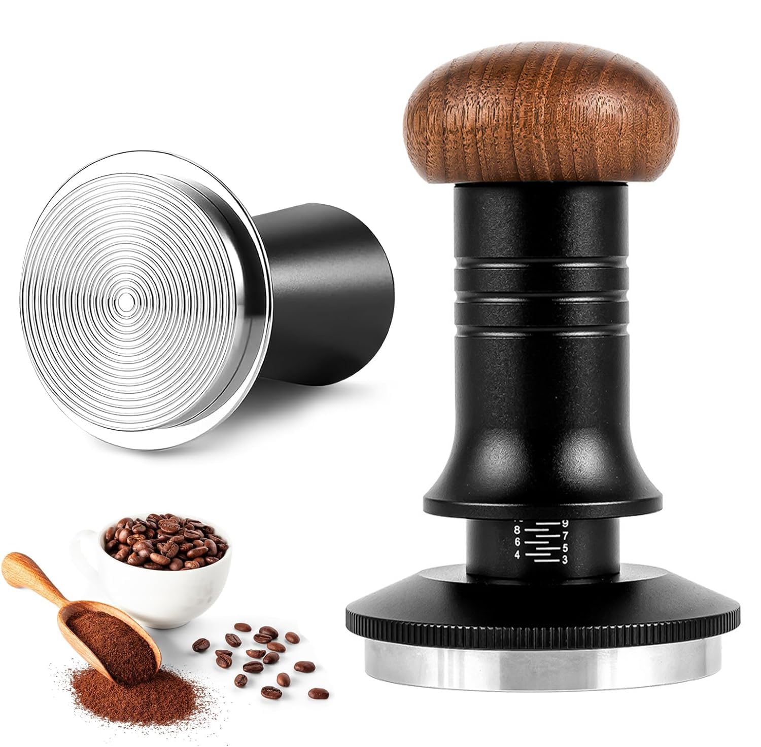 Espresso Coffee Tamper, Coffee Tamper 53mm, with Spring Loaded, Constant 30lb Tamper Tool, Calibrated Coffee Tamper Adjustable Depth Tamp Tools Stainless Steel Base for Espresso Machine (Ripple Base)