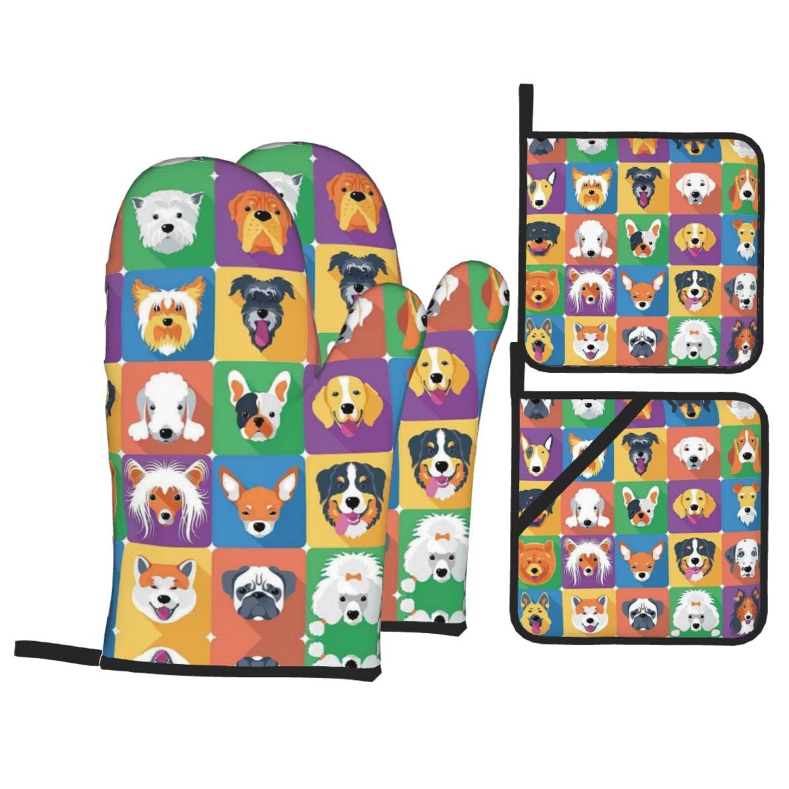 Dog Oven Mitt and Pot Holder 4-Piece Set for Kitchen, Outdoor Grill, Baking