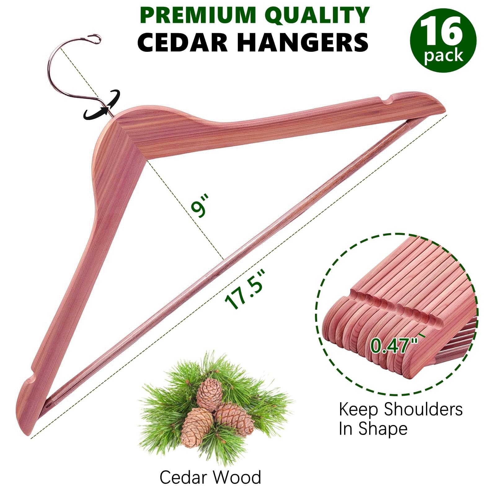 Amber Home Paquete de 16 perchas de cedro rojo americano, perchas de madera de acabado liso con gancho giratorio y muescas para traje, camisa, vestido, chaqueta, pantalones