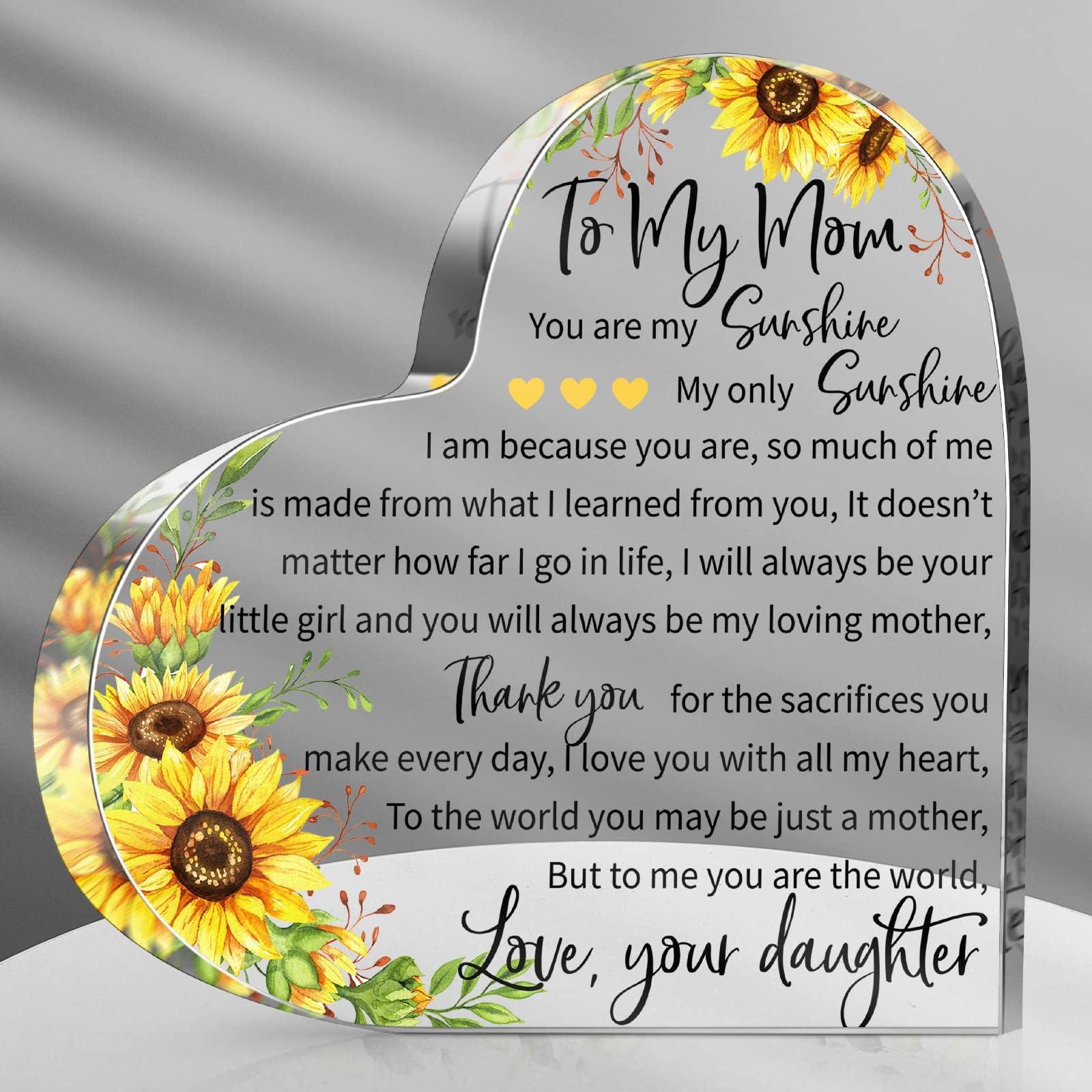 Jetec Mom Gifts for Mother's Day Heart Acrylic Women Mothers Birthday Gifts Sign Plaque Presents from Daughter Son Valentines Gift, 5.91 x 5.91 x 0.55 Inches(Sunflower)