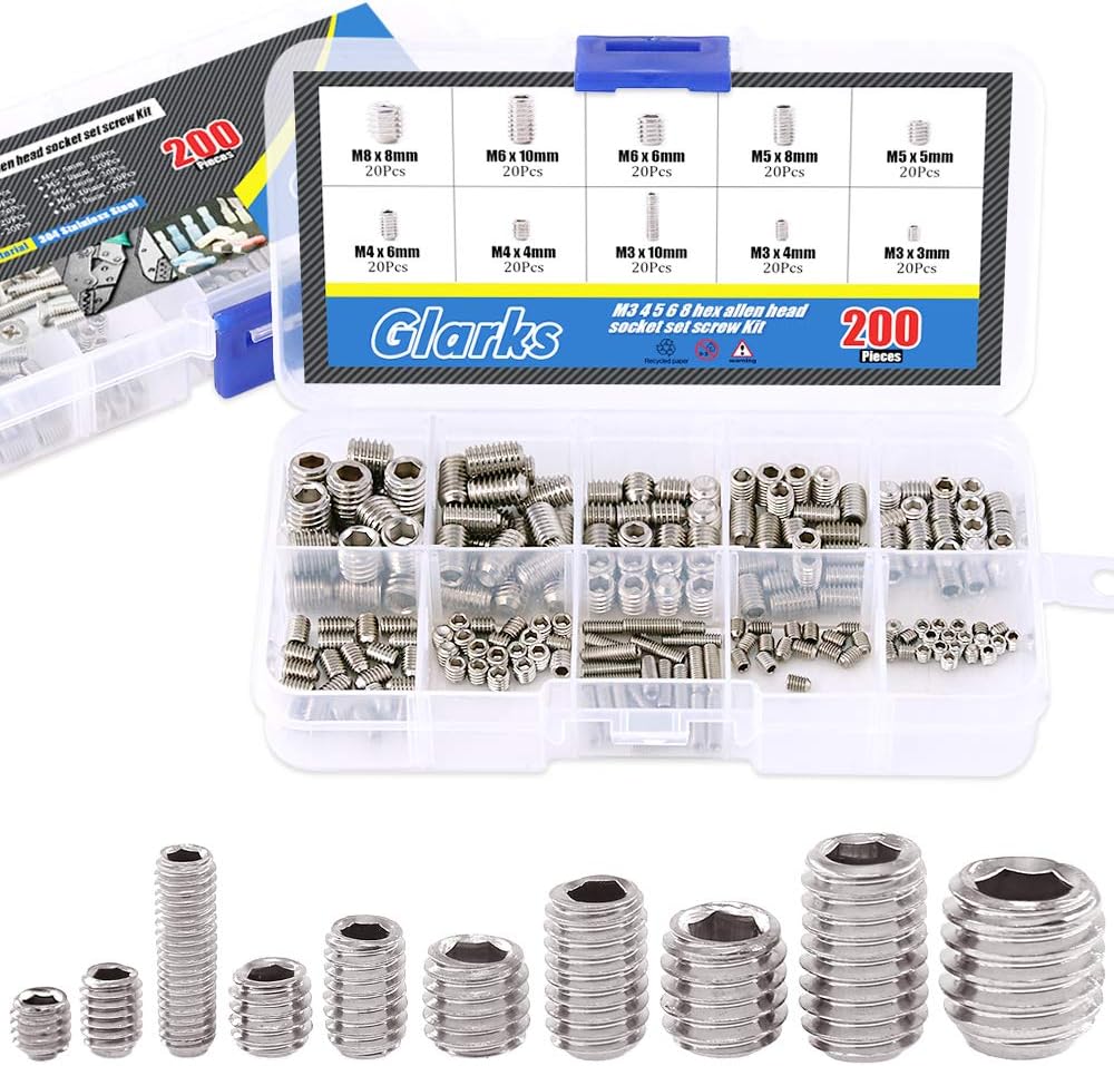 Glarks 200-Piece M3 4 5 6 8 Hex Allen Head Socket Set Screw Assortment Kit (304 Stainless Steel)