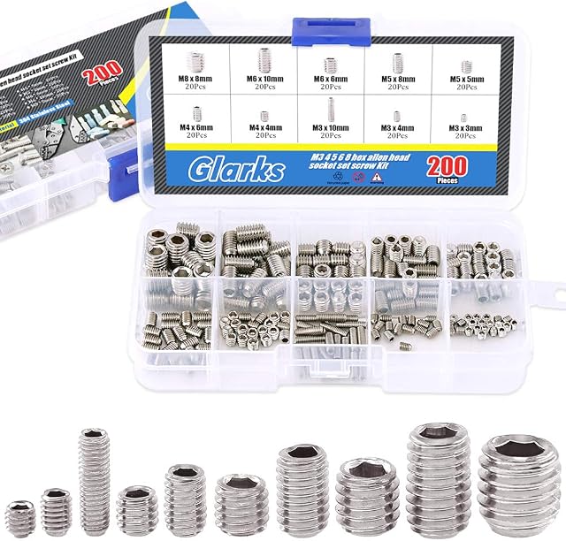 Glarks 200-Piece M3 4 5 6 8 Hex Allen Head Socket Set Screw Assortment Kit (304 Stainless Steel)
