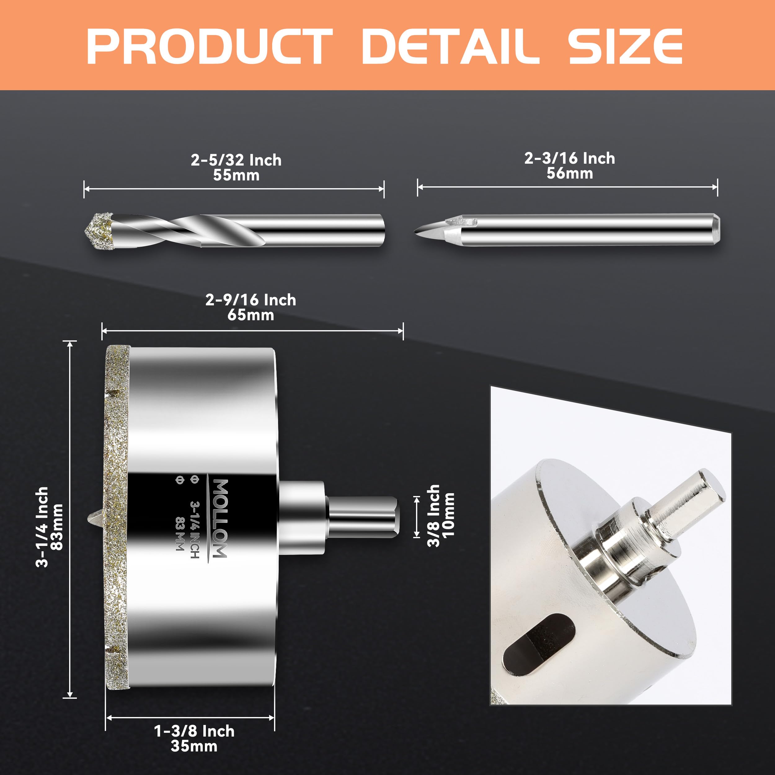 MOLLOM 3-1/4" (83mm) Diamond Hole Saw with 2Pcs Removable Pilot Drill Bit Smooth Cutting for Porcelain Tiles,Glass,Ceramic,Marble,Fiberglass,etc - Image 2