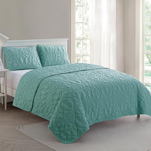 Miniatura 9 de VCNY Home - Juego de colcha de microfibra con diseño costero y de conchas marinas de color verde, acolchado pinsonic, tamaño King, 3 piezas,