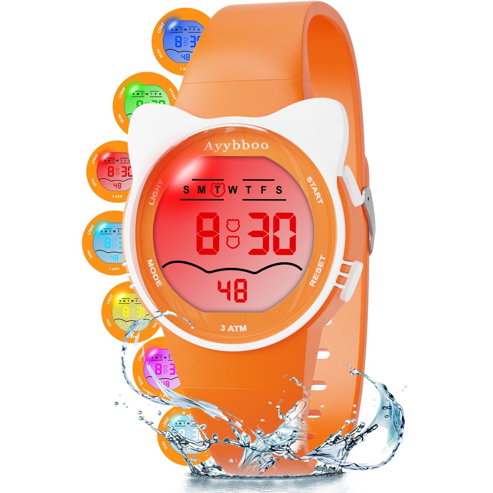 Kids Waterproof Watch 7 Color Light Alarm