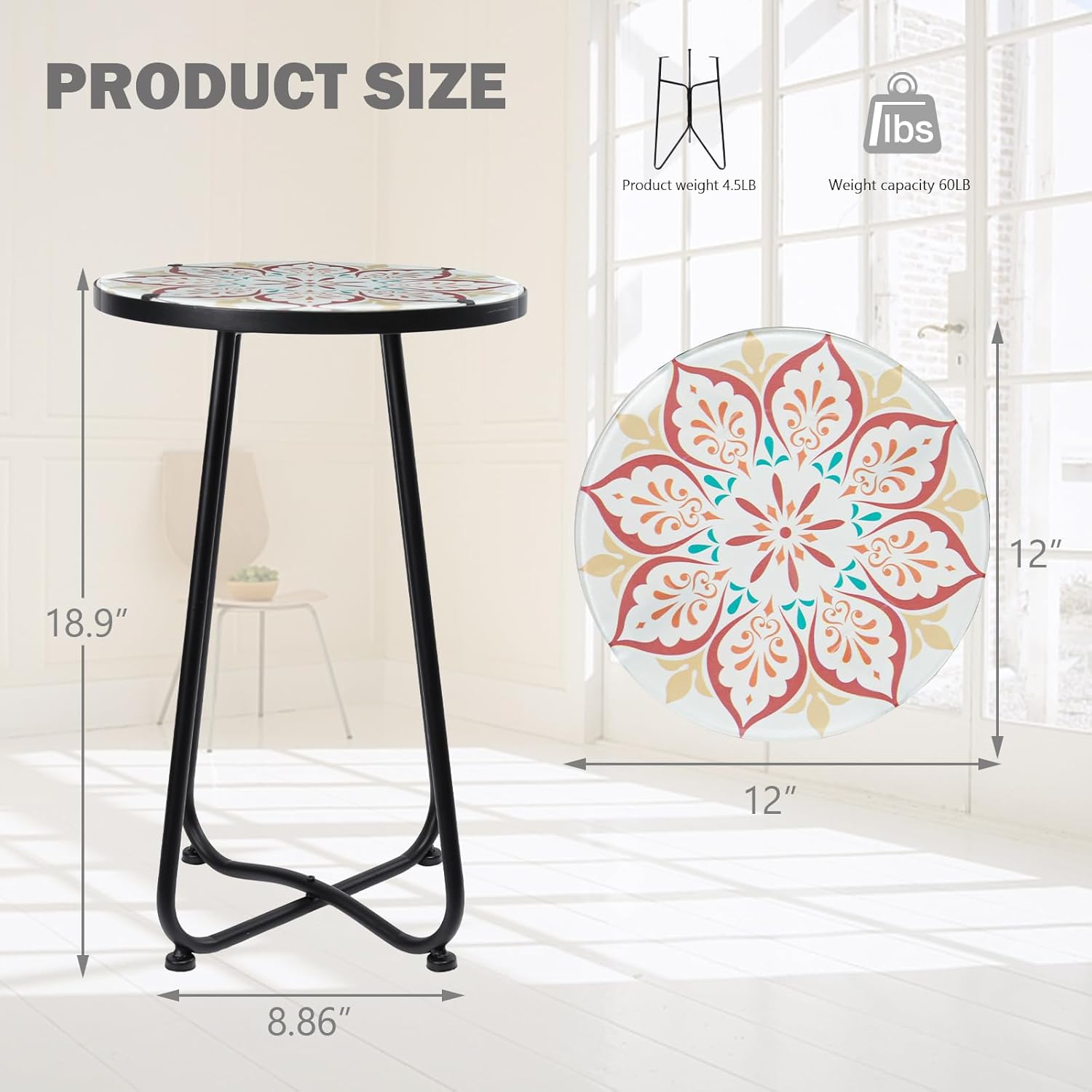 VCUTEKA Patio Side Table Outdoor Accent Table Bistro Coffee Table Plant End Table Small Porch Table Indoor Round Glass Balcony Plant Table Stands Khaki Flower 12 inches
