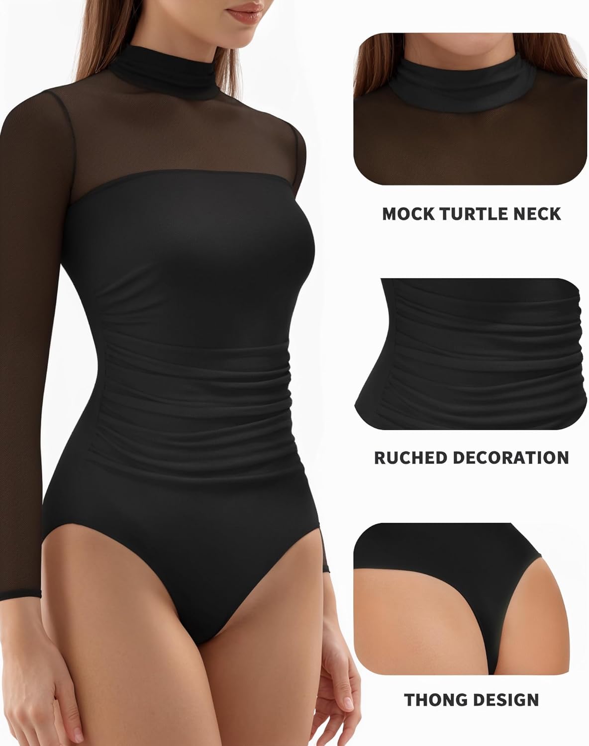 MANGOPOP Women's Mock Turtle Neck Bodysuit Mesh Ruched Short Long Sleeve Body Suit Sexy Sheer Trendy Going Out Outfits Tops - Image 4