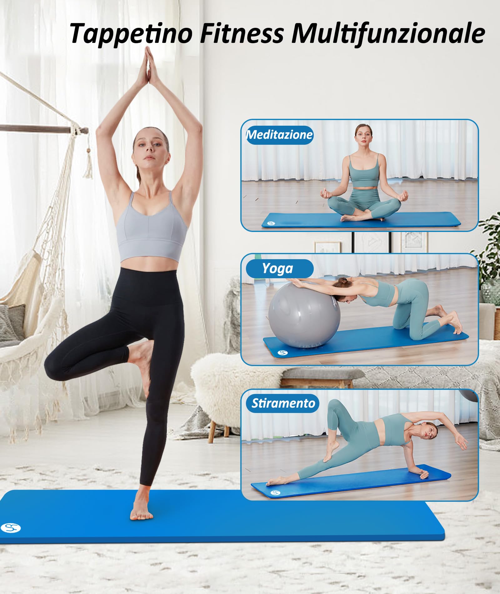 Tappetino da Yoga Antiscivolo NBR 183×61cm 15mm Spesso Tappetino Ginnastica con Cinghia di Rilegatura e Borsa a Rete