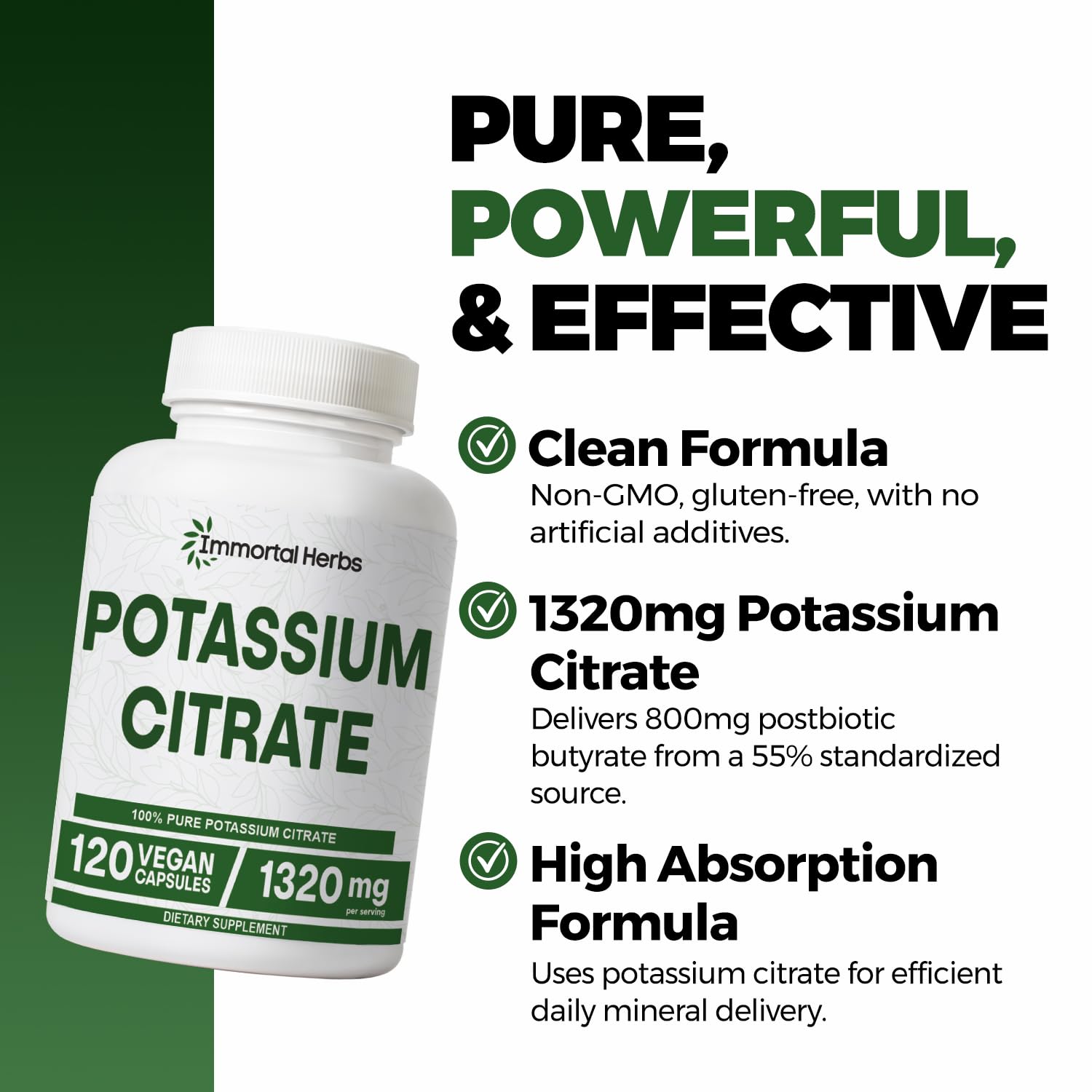 Immortal Herbs Potassium Citrate Supplement 1320mg, High Absorption Powder, 120 Vegan Capsules, Non-GMO & Gluten-Free Potassium Supplements for Women and Men 1