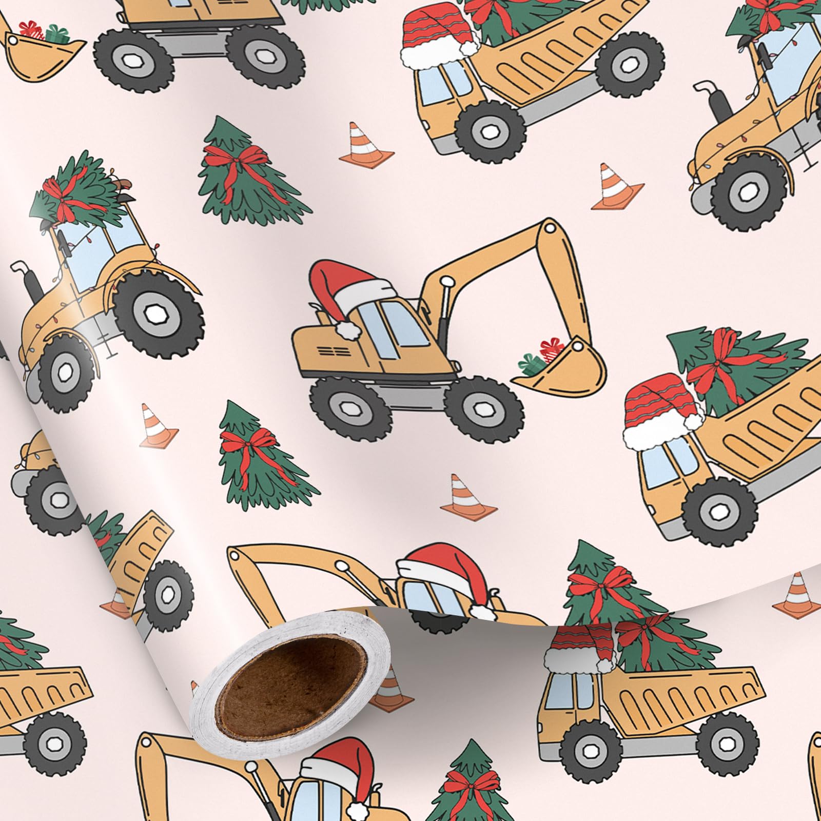 RUSPEPA Christmas Car Wrapping Paper Roll for Boys, Mini Roll, Cute Construction Trucks with Santa Hat, Christmas Tree and Gifts Design Gift Wrap for Kids Party, 43.2cm x 5m