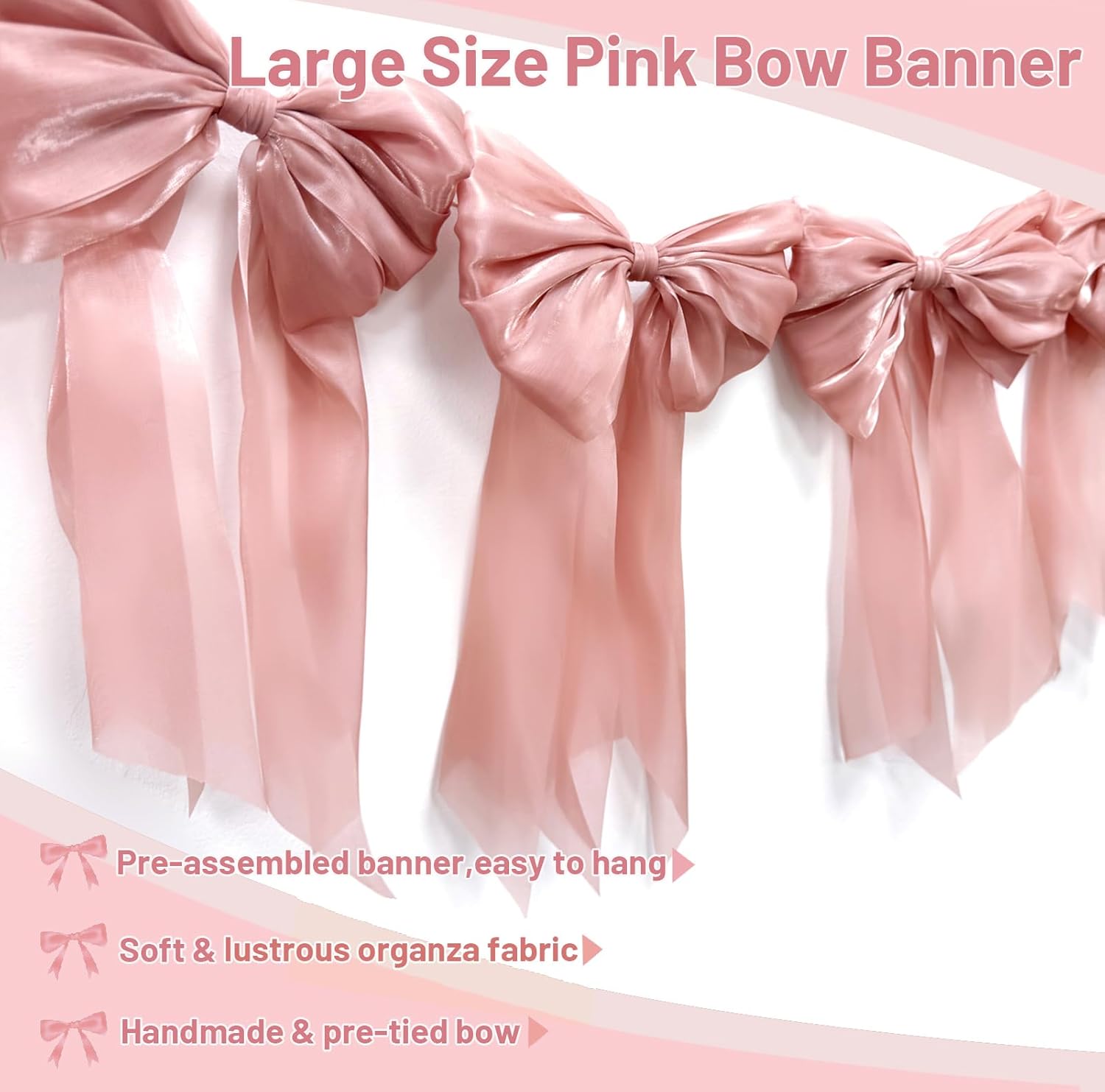 Pink Bow Garland Banner - Pre-Strung Bow Themed Party Decorations for Coquette Birthday Baby Shower Bridal Shower Bachelorette Decor Girly Party Supplies(Dusty Pink) - Image 2