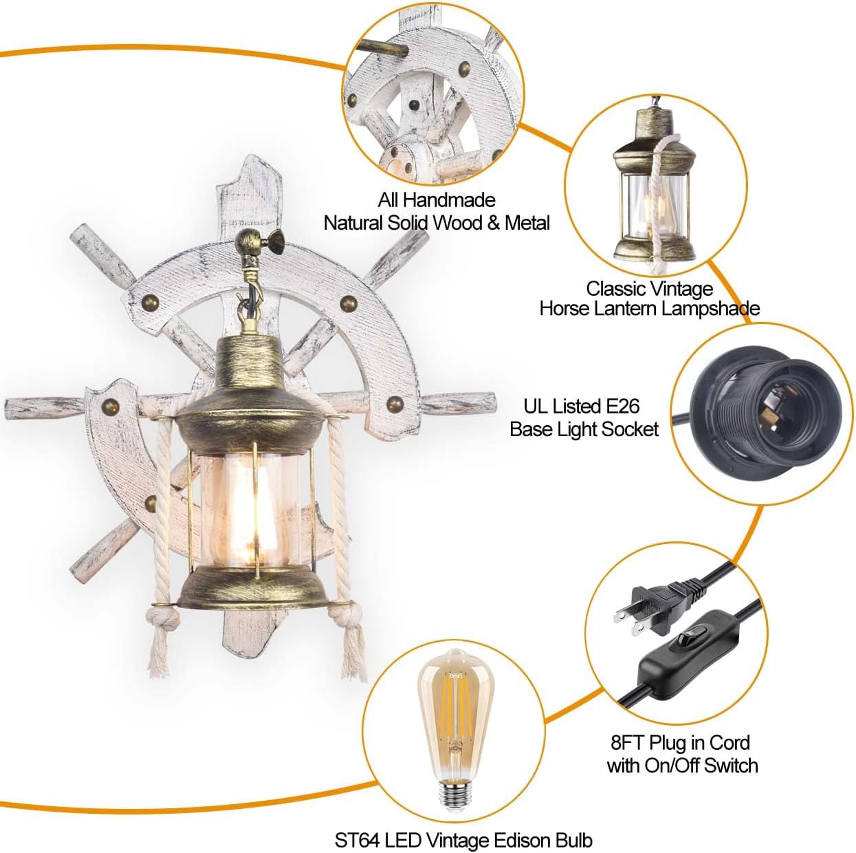 Ship Helm Pirate Nautical Wall Sconce Plug in or Hardwire, Indoor Antique Vintage Coastal Beach Ocean Themed Wall Light, Bedroom Rustic Wall Mount Lamp Light Fixtures (Edison Bulb Included)