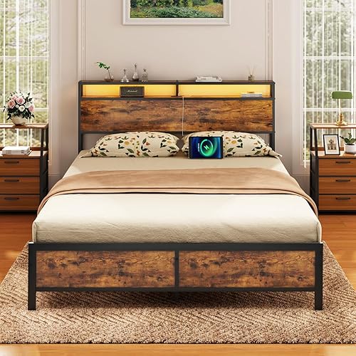 Miniatura 9 de Anwick Base de cama industrial tamaño matrimonial con cabecera de luz LED, plataforma de metal con estación de carga USB, almacenamiento debajo de