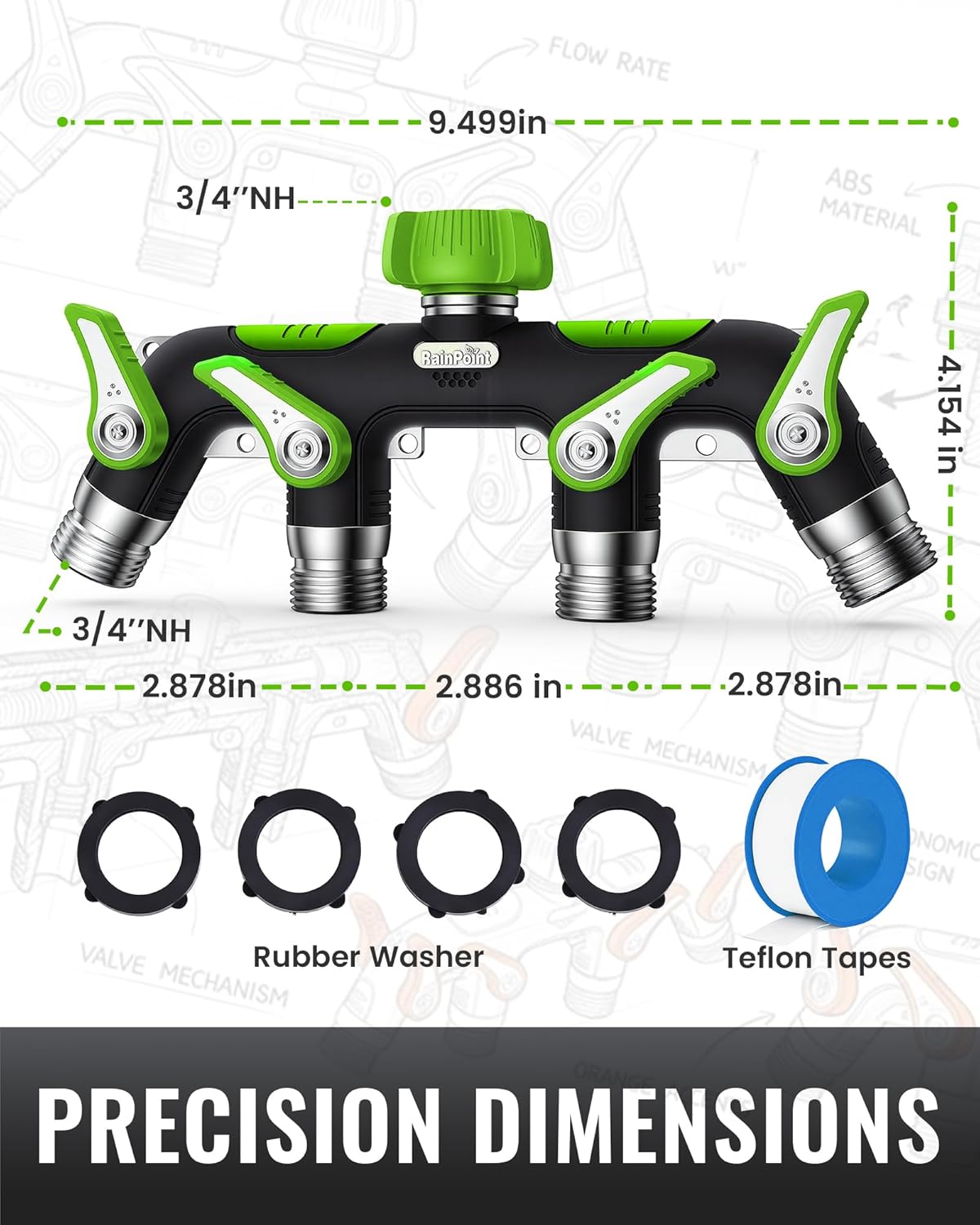 RAINPOINT 4 Way Garden Hose Splitter, 100% Metal Heavy Duty Water Hose Splitter with Individual Shut-Off Valves, 3/4" GHT High Flow Outdoor Faucet Splitter, 1.81" Extra Long Handle (Green)