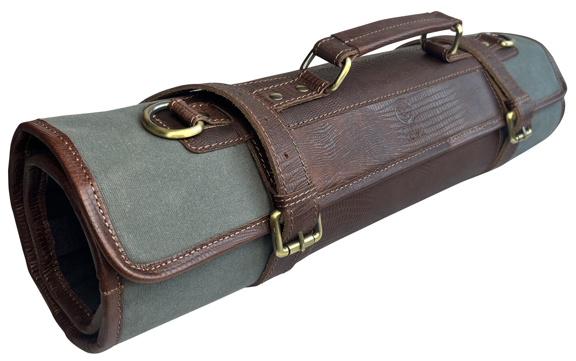 RUSTIC TOWN Leather Canvas Knife Roll Storage Bag | Elastic And Expandable 11 Pockets With Tool Pouch | Adjustable/Detachable Shoulder Strap | Travel-Friendly Chef Knife Case Roll, Brown