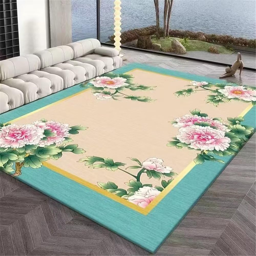 Tapis chambre fille motif floral vintage bleu lavable en machine 180X250