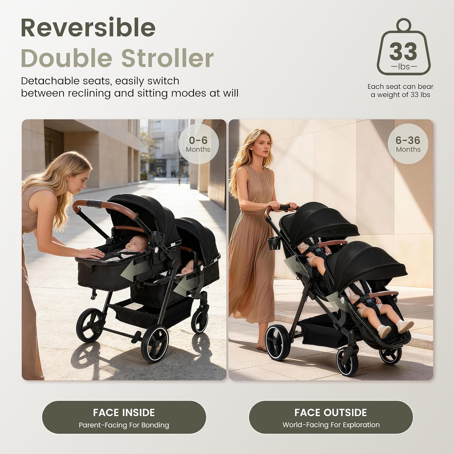 Double Stroller Newborn and Toddler, Foldable Tandem Twin Baby Travel Stroller, Storage Basket/Cup Holder, Adjustable Backrest, Reversible Seat, for 0-3 Kids