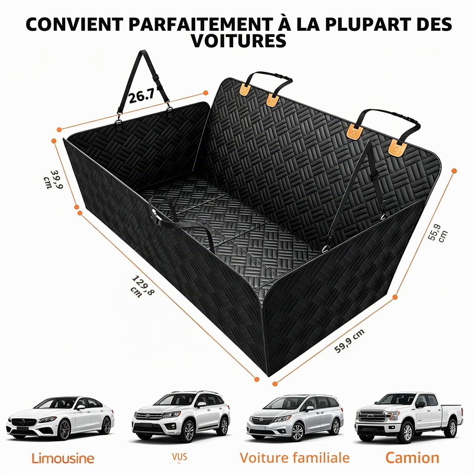 Protection Voiture Chien Siege Arriere, 129 x 60 cm, Housse de siège d'auto pour Chien à Fond Rigide jusqu'à 129 kg, 600D, pour lit d'auto de Chien pour Camion SUV de Voiture