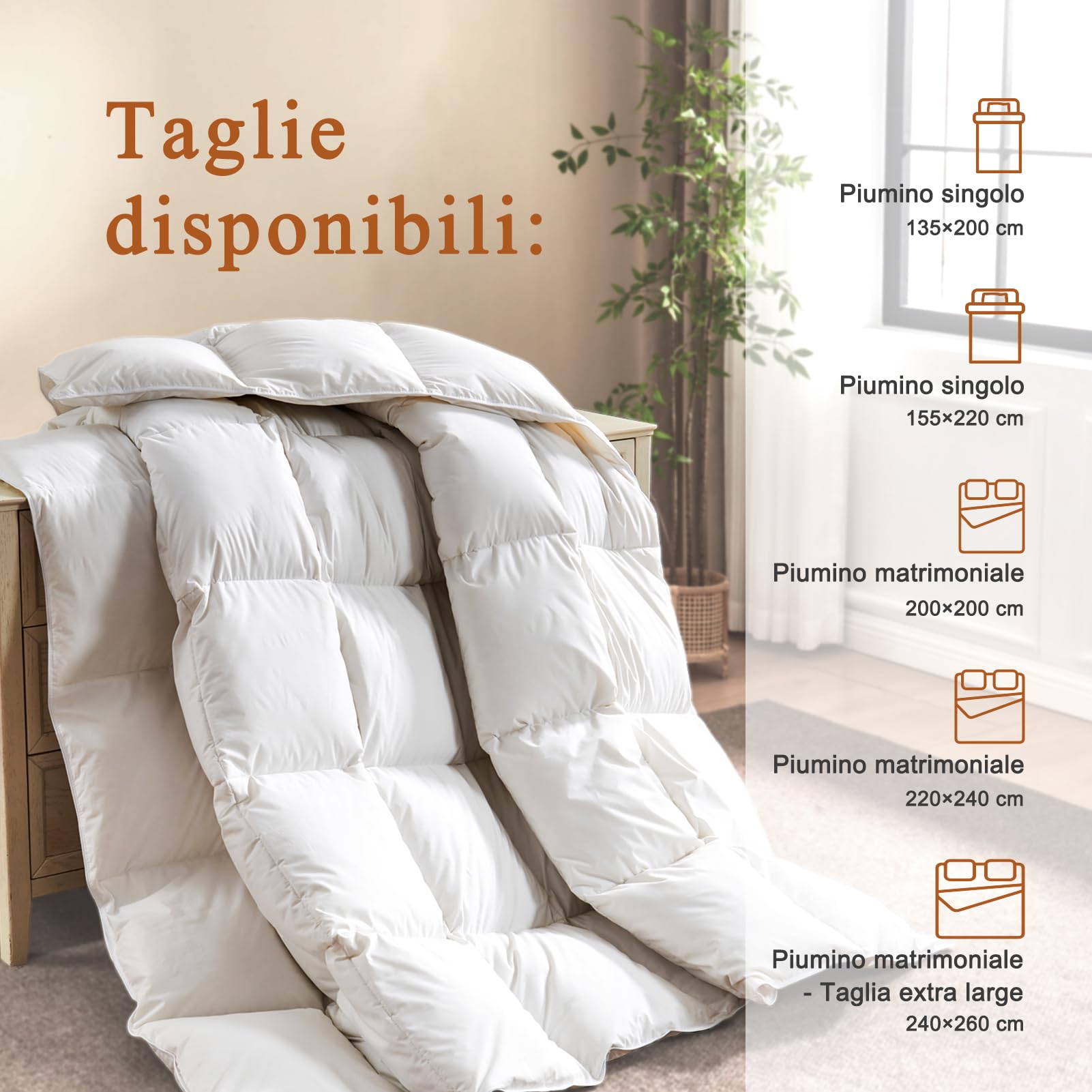 Piumino Una piazza e mezza 200 × 200 cm, 100% Puro Piumino e Piuma 4 Stagioni, Miscela di Cotone Egiziano Extra Morbido, Certificati Oeko-Tex e RDS