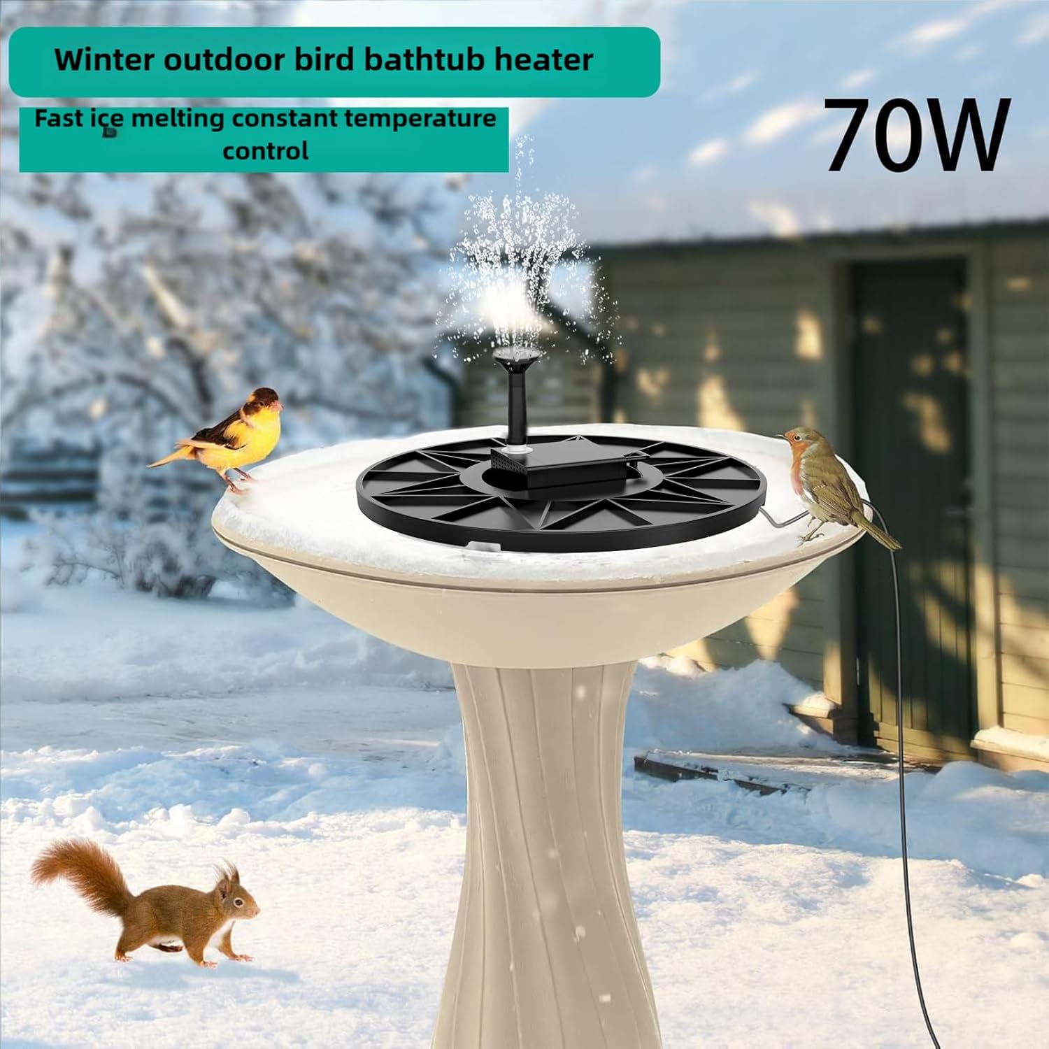 Bird Bath Heater with Fountain Pump, 70W Bird Bath Heater for Outdoor in Winter, 3.3FT Cord Birdbath Water Heater Thermostatically Controlled Heated Bird Bath for Outdoor Yard Bird Bath Deicer.
