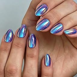 KQueenest Chrome Press On Nails Kurz Rund, Glänzende Königsblau Nägel zum Aufkleben, High Shine Cat Eye Fake Nails für Frauen in 16 Größen - 32 Stück Salonqualität Künstliche Nägel Set