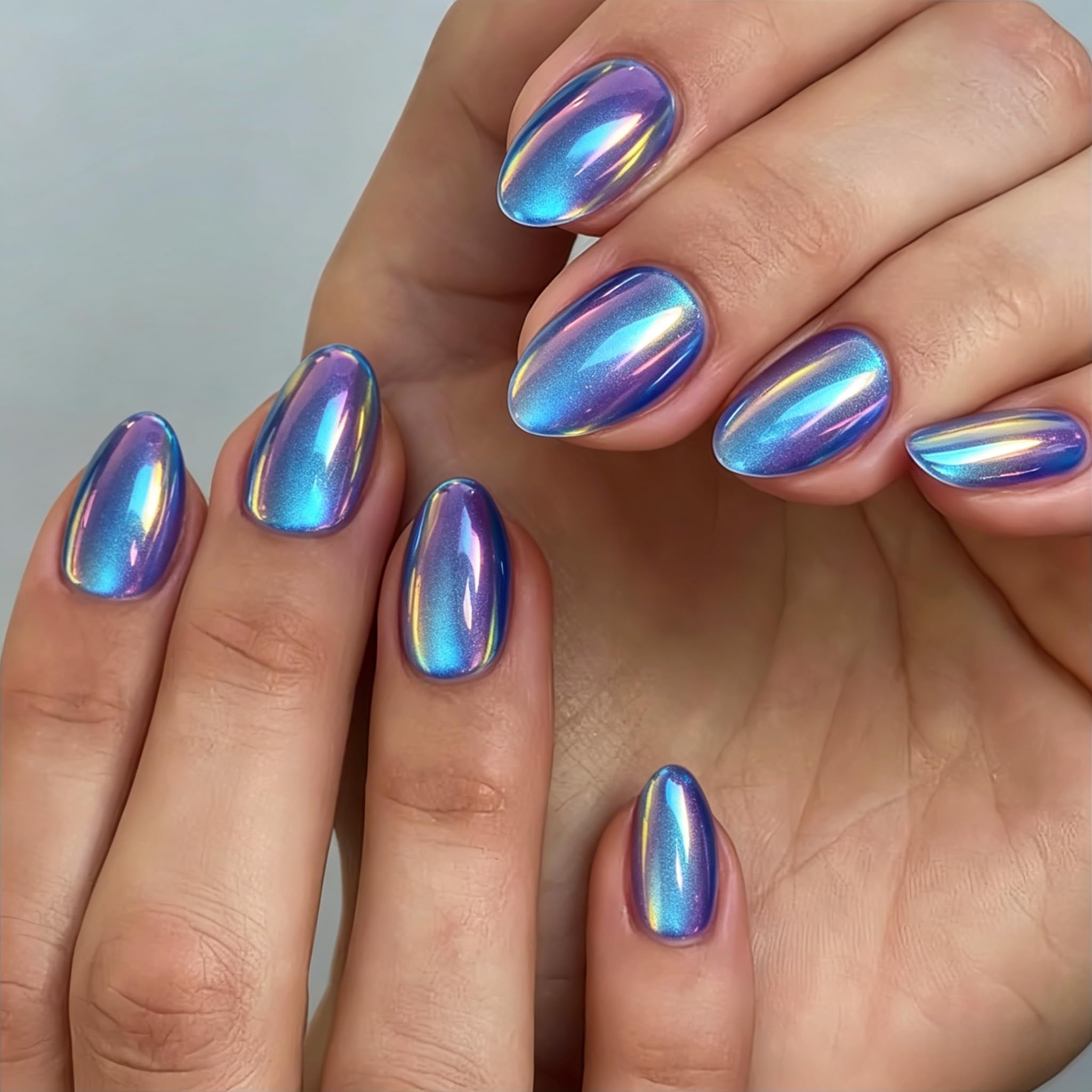 KQueenest Chrome Press On Nails Kurz Rund, Glänzende Königsblau Nägel zum Aufkleben, High Shine Cat Eye Fake Nails für Frauen in 16 Größen - 32 Stück Salonqualität Künstliche Nägel Set
