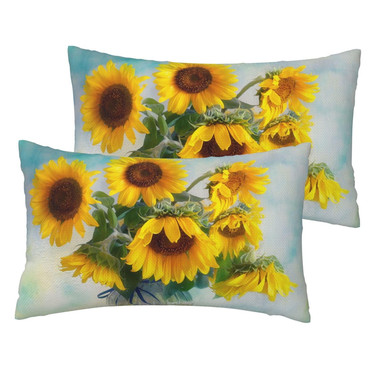 Taie d'oreiller en lin imitation imprimé tournesol finition haut de gamme lot de 2