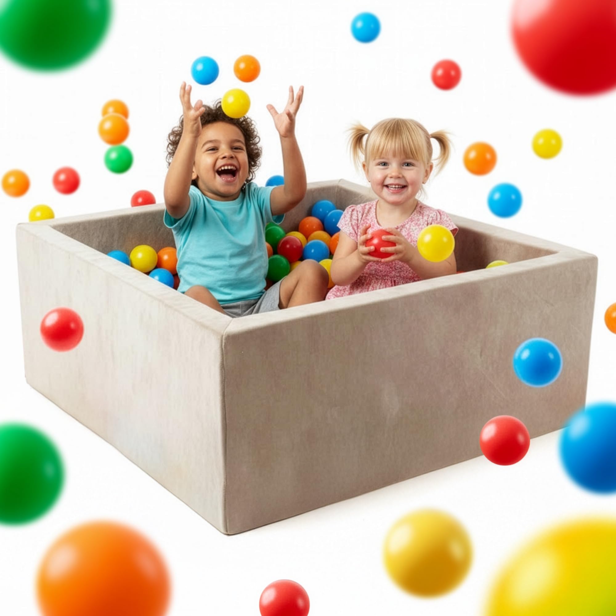 Mimii Suchy Basen z pianki bez piłek 110x110x40 cm - Kwadratowy aksamitnie miękki basen dla dzieci - Bezpieczna zabawa dla dziewczynek i chłopców - Kolor ciemny beż