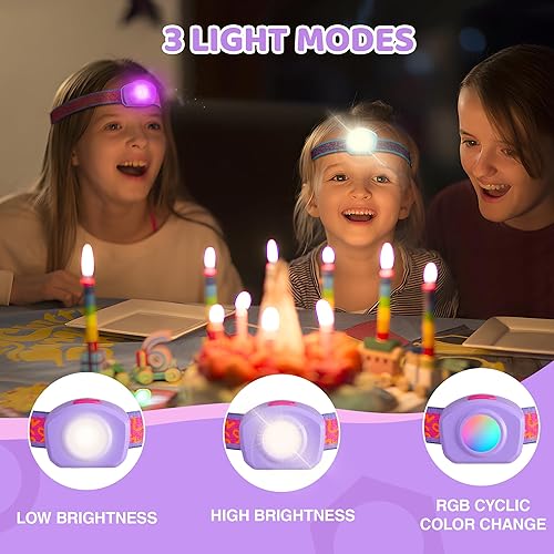 Miniatura 2 de EverBrite Linterna frontal LED recargable para niños con modo RGB y diadema ajustable, 3 modos multicolor para niños, lámpara de cabeza para niños,