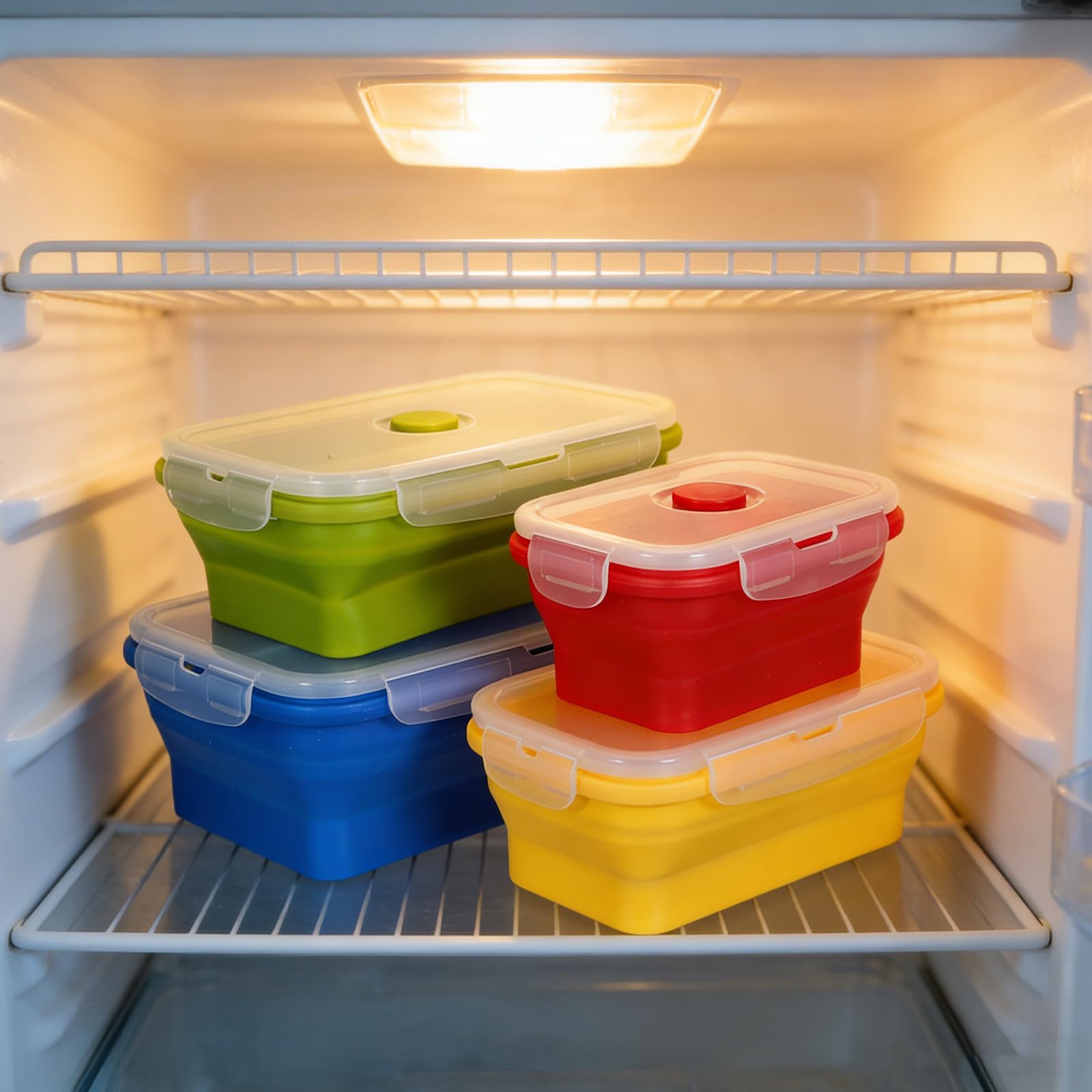 SHERCHPRY Set da 4 Contenitori per Alimenti Pieghevoli in Silicone con Coperchio Ermetico, Design Salvaspazio Pieghevole, Capacità 350ml per Ufficio e Campeggio