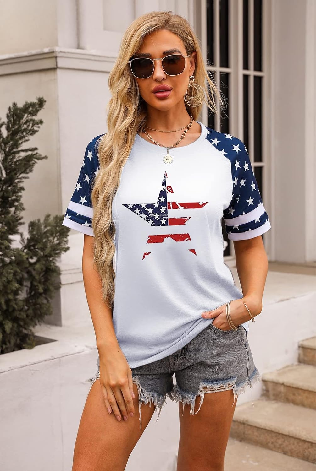 BANGELY American Flag T Shirt Patriotic Shirts Women Veteran Shirt Raglan Short Sleeve Stars Stripes Top Tees - Image 3