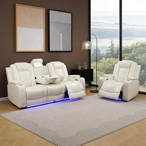 Miniatura 41 de Juego de sofá reclinable eléctrico para sala de estar, juego de sofá reclinable de cuero con luces LED, puertos USB, almacenamiento oculto, juego de