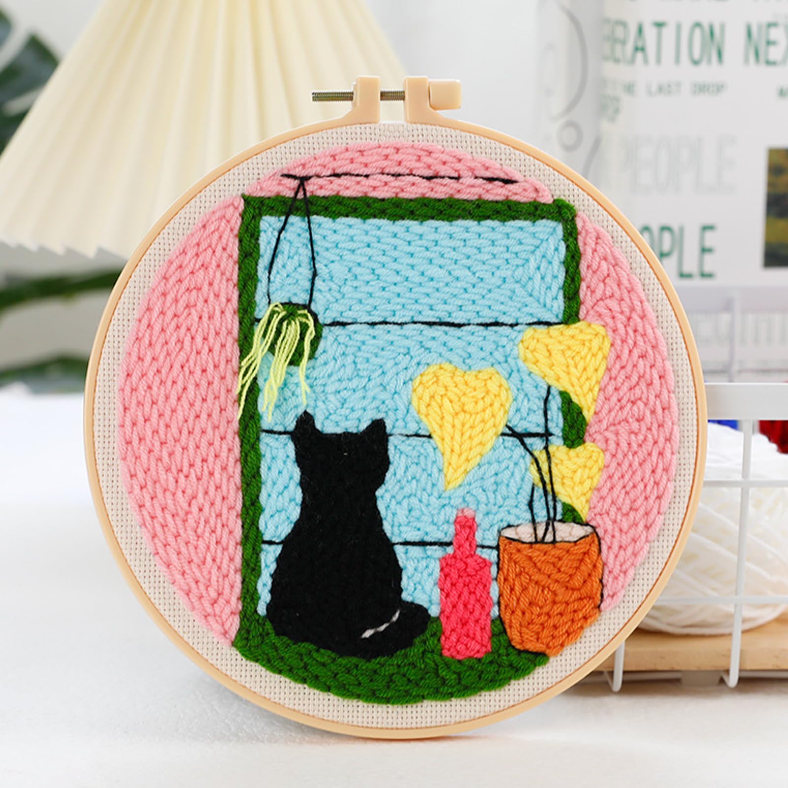 Woohome Punch Needle Kit, Kit per Ricamo con Ago Istruzioni, Strumento di Ricamo per Principianti per Principianti Adulti (Gatto e Vaso)
