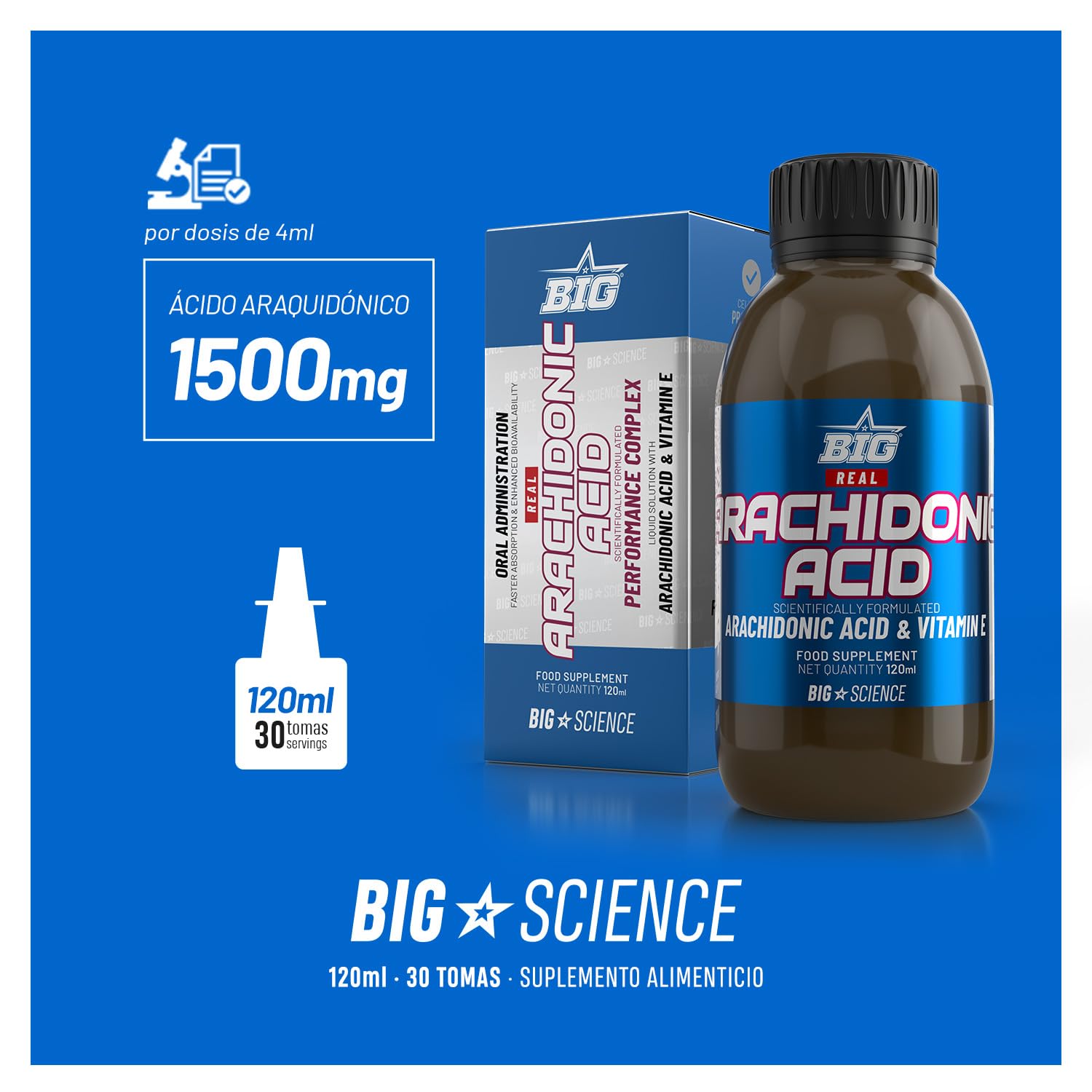 BIG - Ácido Araquidónico + Vitamina E - Suplemento Potenciador de Hipertrofia Muscular - Aumenta Masa Muscular, Ayuda a la Recuperación - Mejora Respuesta Anabólica al Entrenamiento de Fuerza 120 ml