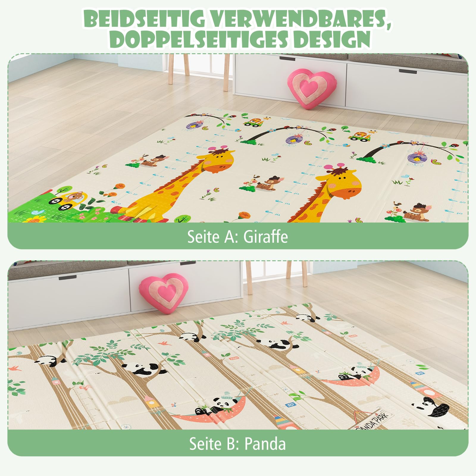 COSTWAY Baby Spielmatte faltbar, 200 x 180 cm Babymatte doppelseitig, Krabbelmatte aus XPE Material, Krabbeldecke, Spielteppich für Babys, Säuglinge und Kleinkinder (Giraffe-Panda)