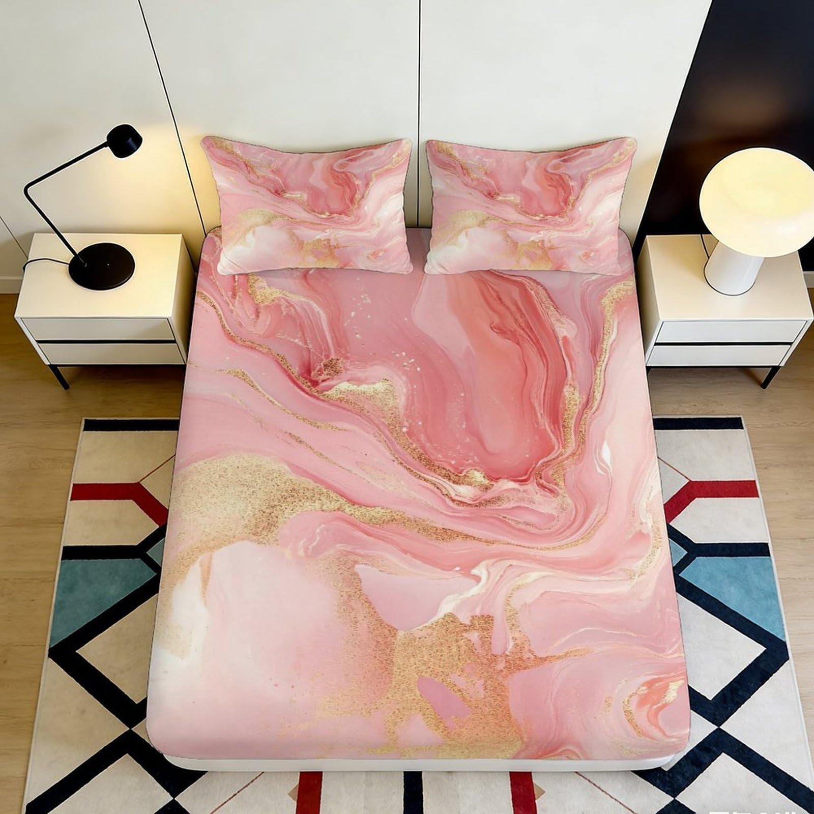 3D Printed Pink Marble Fitted Sheet Microfiber Soft Bedroom Decor Abstract Swirl Mattress Cover for Home Guest Room 90x200x25cm