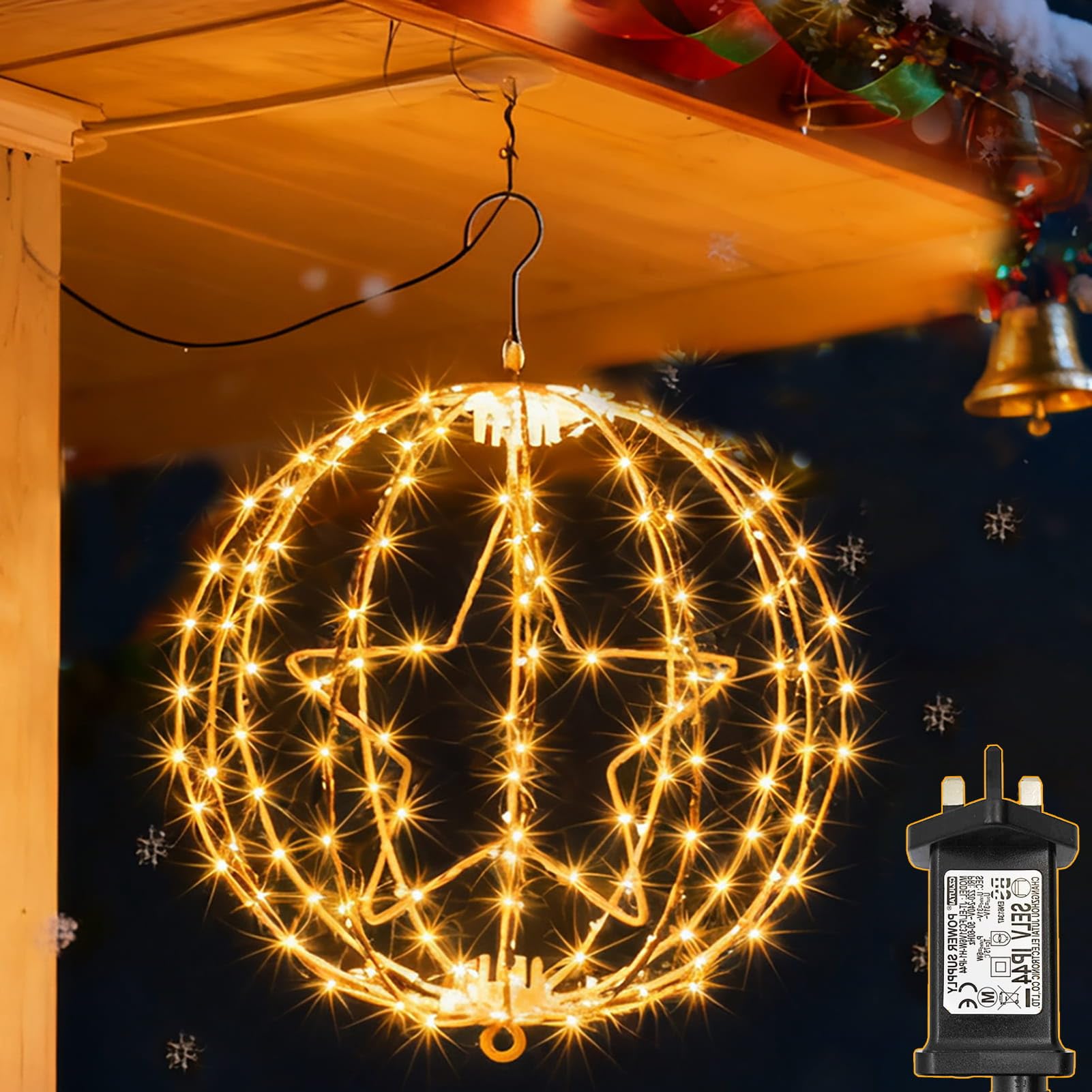 yowin Christmas Star Hanging Ball Lights 30CM 200 LED Plug in Window Lights with Timer,8 Modes Large Xmas Sphere Light Outdoor Waterproof Light Up Balls for Door Patio Room Decorations - Brown Frame