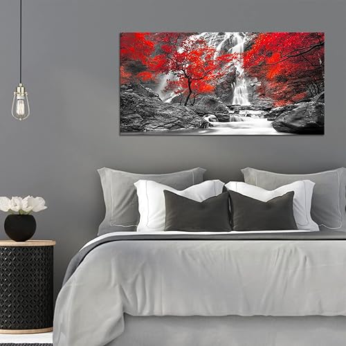 Miniatura 3 de LUEAXRG Arte de Lienzo de Cascada para Pared Imágenes de Lienzo de Bosque Hojas de Árbol Rojo Paisaje Decoración de Pared Arte Contemporáneo