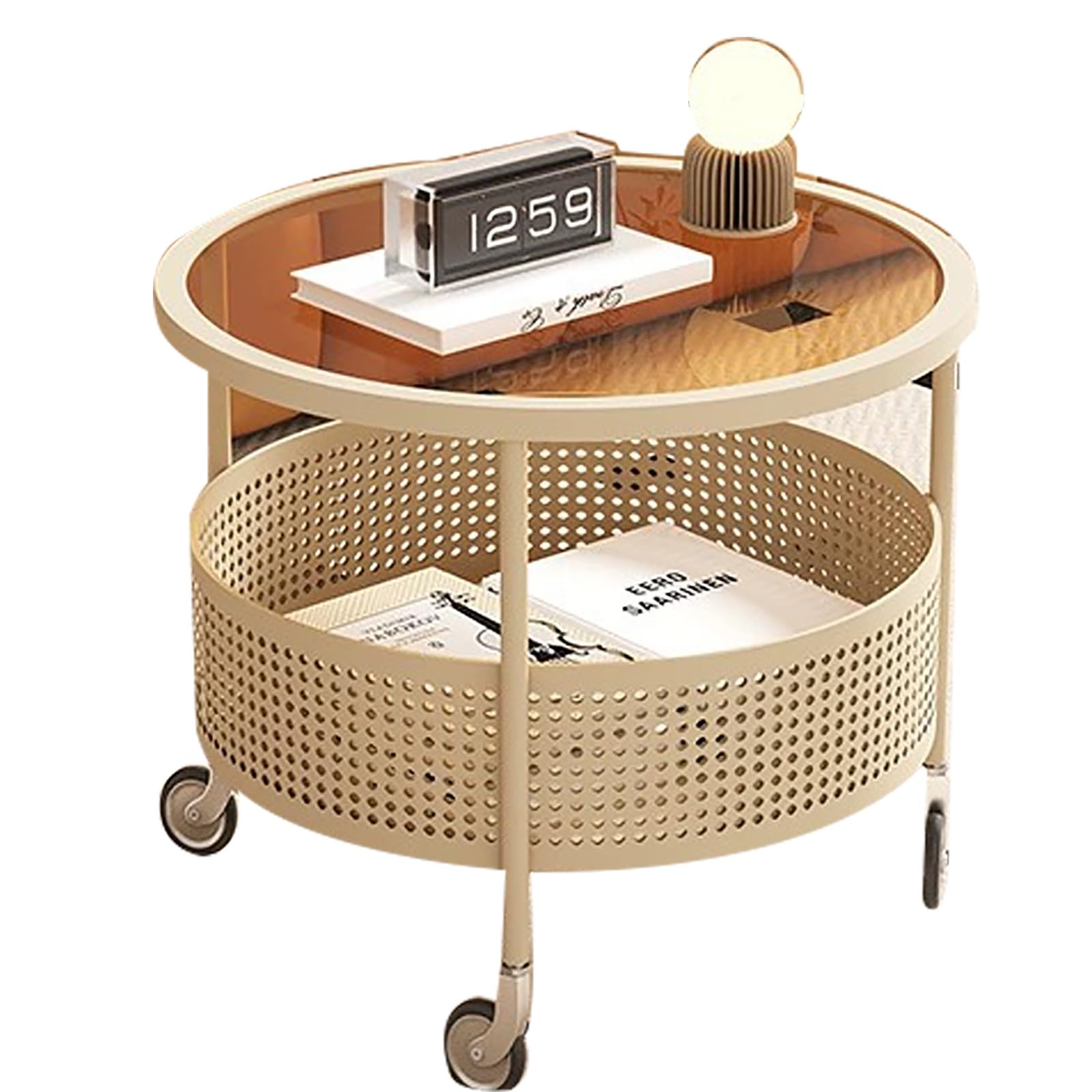 SXZenSpace Small Round Side End Table with Metal Frame Mobile Hollow Design Basket for Living Room Bedroom(Svart)