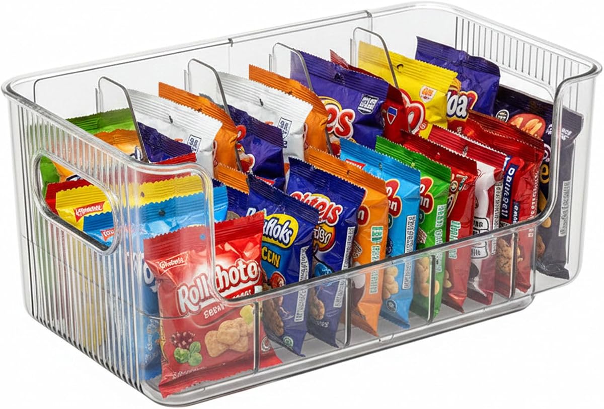 Organizador de refrigerios transparente expandible para encimera,Contenedor de almacenamiento de despensa ajustable con divisores extraíbles,Contenedor grande de refrigerios de 6 compartimentos para dulces,cápsulas de café, bolsas de té,paquetes de bebidas,mostrador de cocina