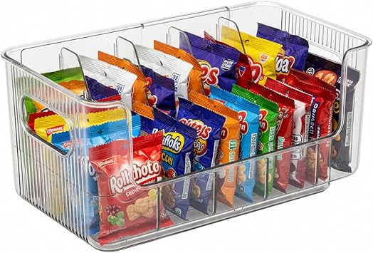 Clear Expandable Snack Organizer for Countertop,Adjustable Pantry Storage Bin with Removable Dividers,Large 6 Compartment Snack Container for Candy,Coffee Pods, Tea Bags,Drink Packets,Kitchen Counter