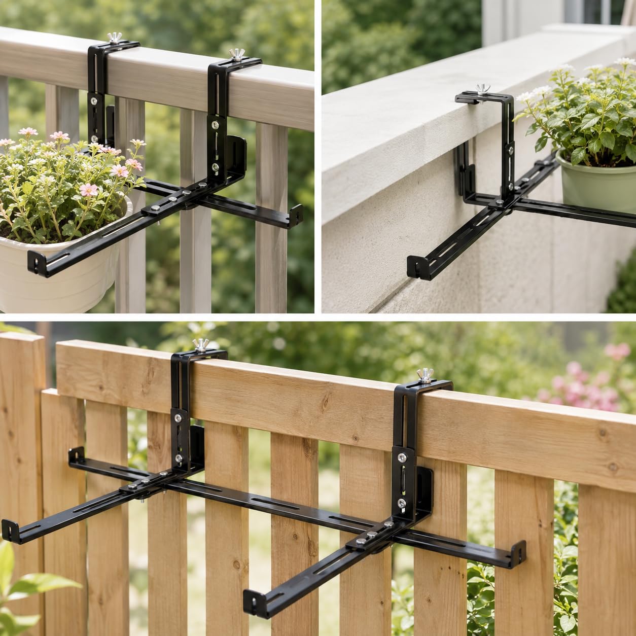 Blumenkastenhalterung Balkongeländer, Verstellbarer Balkonkastenhalter Metall, Ohne Bohren, Für Rund & Eckige Geländer , Schwarz , DIY2 Üblicher Geländerhaken