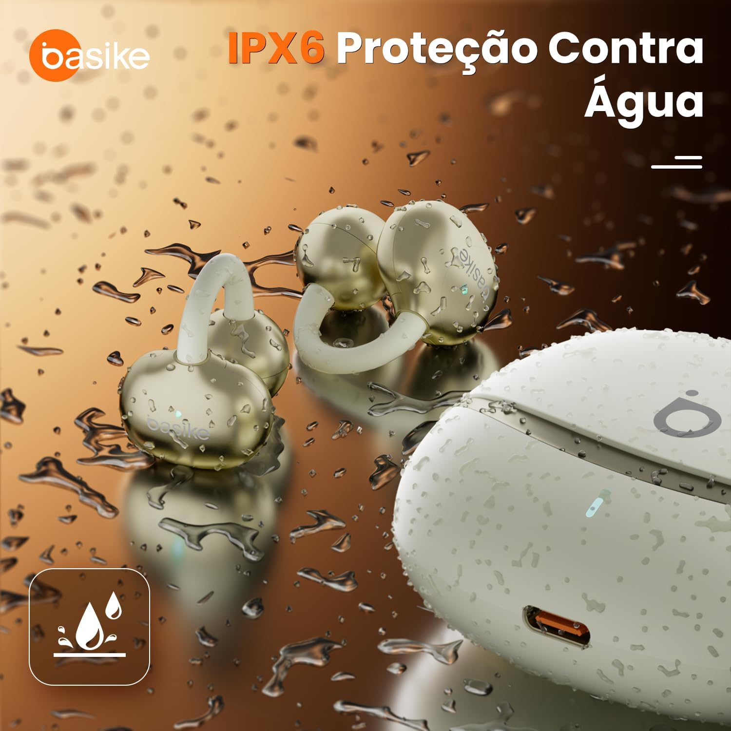 Basike Fone de Ouvido Bluetooth 5.4 Esportivo, Áudio Estéreo Hi-Fi, ENC para Chamadas, IPX4 à Prova d’Água, Compatível com Android e iOS, Clip-On e Design de Som Aberto – Bege Claro